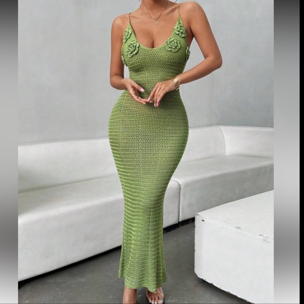 Green Flower Crochet cover up Dress